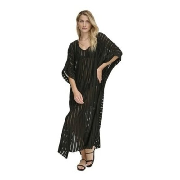 Calvin Klein Black Striped Maxi Caftan Cover-up One Size NWT - Picture 1 of 5